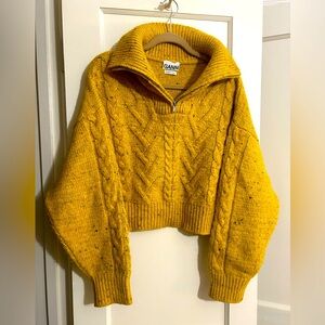 GANNI PF2021 Golden Yellow Chunky Cable Knit 1/4 Zip Pullover Sweater Wool Blend